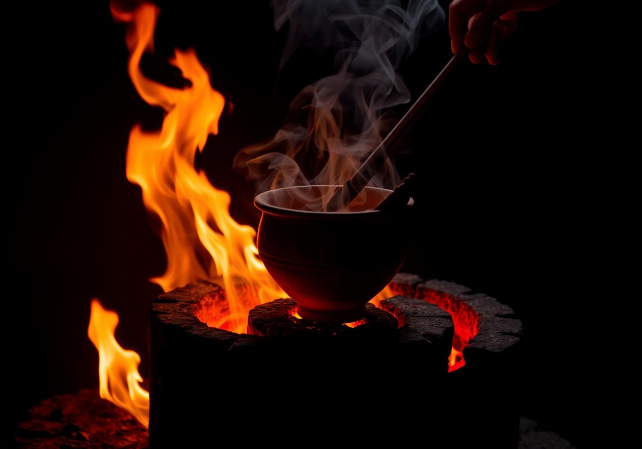 Raku firing process with flames and smoke